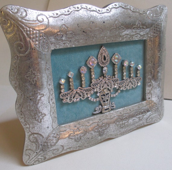 Jeweled Framed Jewelry Menorah Aqua Blue Silver Beautiful