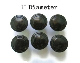 6 Vintage Art Deco or MCM Bakelite Drawer Knobs 1" diameter - Small single screw - Black plastic - Lot or Set of 6 handles Stepped