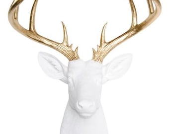 Large Deer Head - White and Gold Deer Head Wall Mount - 14 Point Stag Head Antlers Faux Taxidermy ND0108