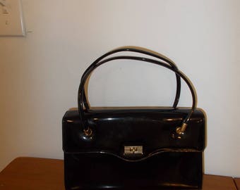 Black Patent Leather Purse Vintage Handbag Pocket Book