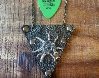 Guitar Pick Holder Necklace - Leather Case - Metallic Dark Grey - Guitar Accessories - Leather Jewelry for Him or Her - Sea Creature Charm