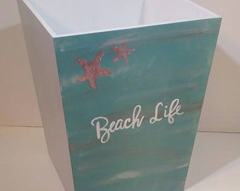Garbage Can - Trash Can - Beach Bathroom Trash Can - Beach Life - Beach Waste Basket - Beach Garbage Can - Green and Blue Waste Basket
