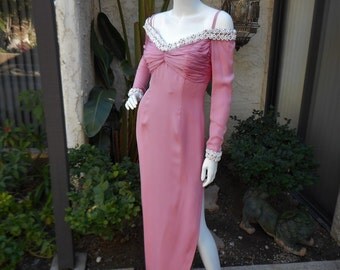 Vintage Pink Off The Shoulder Evening Dress - Size 8