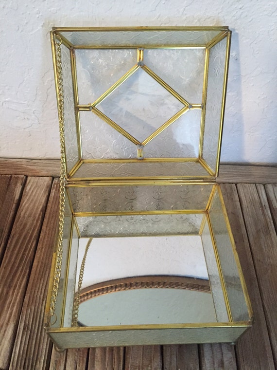 Vintage Etched Glass and Brass Jewelry Box