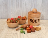 On sale!  Guaranteed Christmas Delivery!  Soup set with pot, bowl and ingredients!   Play kitchen wooden food.