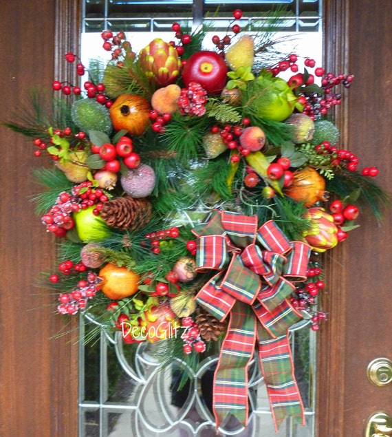 WILLIAMSBURG FRUIT Christmas Wreath with PLAID Bow