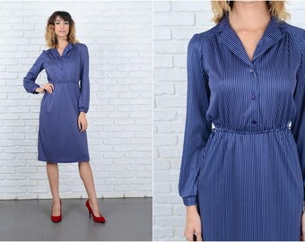 Vintage 80s Navy Blue Dress retro Pinstripe Striped White Small S 9256