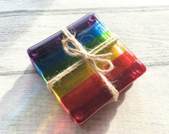 Rainbow Coasters, Fused Glass Coasters, Drink Coasters, Rainbow Glass, Housewarming Gift, Rainbow Decor, Rainbow Gift, Pride Gift