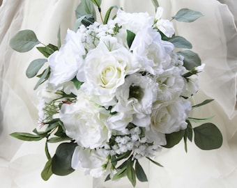 White wedding bouquet. Garden roses, lissianthus, gardenia, sweet peas, eucalyptus and olive foliage. Silk bouquet, bridal, wedding flowers