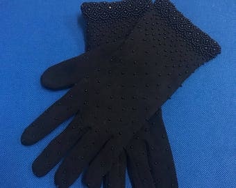 Vintage Stetson Black Stretch Nylon Beaded Gloves 60s