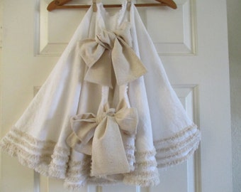 Christmas Tree Skirt in Pretty White Cotton with Oatmeal Trim - 60"
