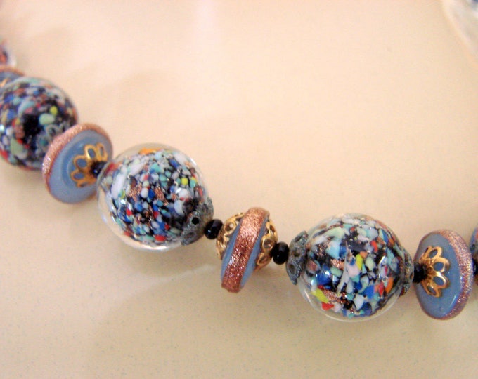 Venetian Confetti Bead Navy Art Glass Murano Glass Choker Necklace Vintage Jewelry Jewellery