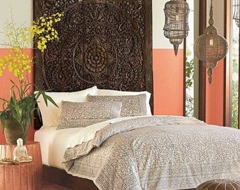 Rare Queen Bed Headboard 60" 5ft Sculpture Lotus Flower Wooden Hand Craved Carving Teak Wood Art Panel Panels Wash Wall Home Decor Thai