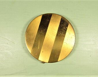 Gold Tone Stripe Compact - Vintage Makeup Powder Round Screen Pouf