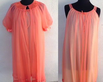 Vintage peignoir set by Lisette neon orange gown and robe sz S/M