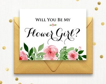 Printable Will You Be My Flower Girl Card, Ask Bridesmaid, Maid of Honor, Matron of Honor, Proposal Floral Wedding Card, Rustic Wedding.