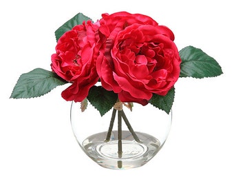 Silk Red Rose in Glass Vase Faux Artificial Flower Arrangement for Home Decor