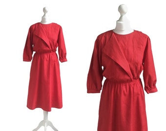 1980's Dress - Red Dress - Vintage Dress - 80's Dress - Asymmetric Neckline