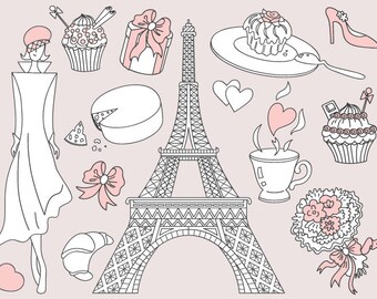 70% OFF SALE Doodle Paris Clipart - Digital Vector Love, Romantic, Cake, Eiffel Tower, Paris Clip Art