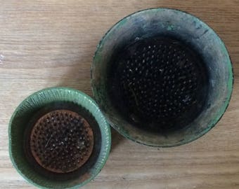 2 Vintage Round Metal Dish Flower Frogs, Rustic Floral Arrangement Pin Cup Frogs,