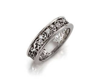White sapphire ring, filigree, sapphire wedding band, lace ring, vintage, white gold, wedding band, unique engagement, lace, rose gold,