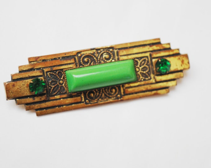 Art Deco Bar Brooch - Gold brass stamped - Green Art Glass -Rhinestone - Vintage C clasp Pin