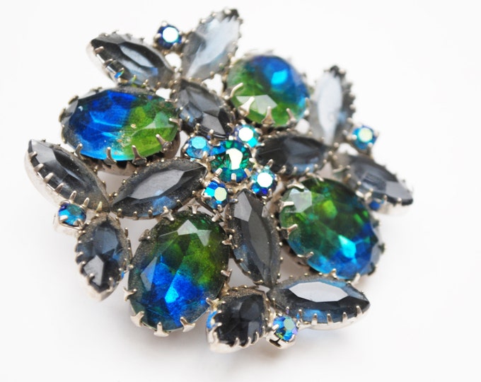 Rhinestone Brooch - Blue Green Givre - open back Navette stones - flower brooch - Juliana style pin