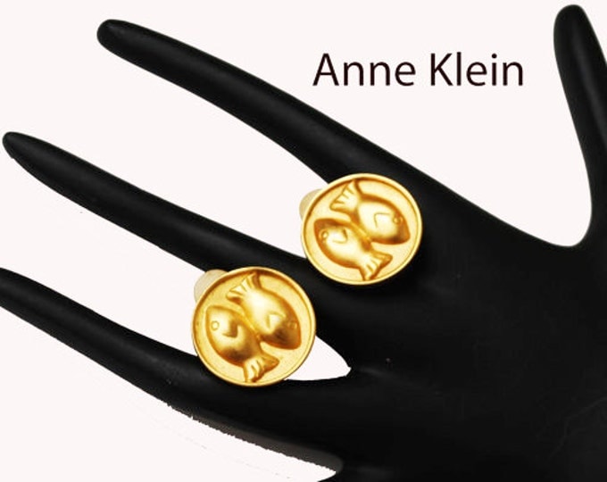 Fish Earrings - Signed Anne Klein - Gold Round - Clip on Earrings