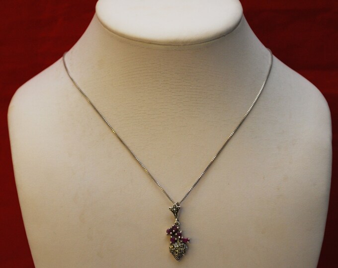 Sterling Ruby Marcasite leaf necklace - sterling silver italy Box chain