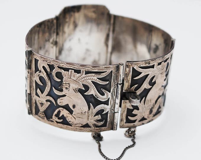 900 Silver Tribal Panel Bracelet - Wide Story link Bangle - Bird -south American - Black oxidation - Silver overlay