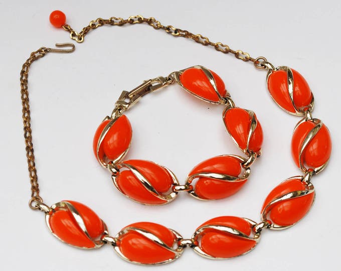 Neon Orange Thermoset Necklace Bracelet set - light gold metal - Mid Century -