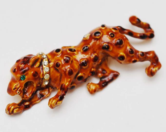 Leopard Brooch - Spotted Lion - Enamel rhinestone - brown - Wild cat - Figurine pin