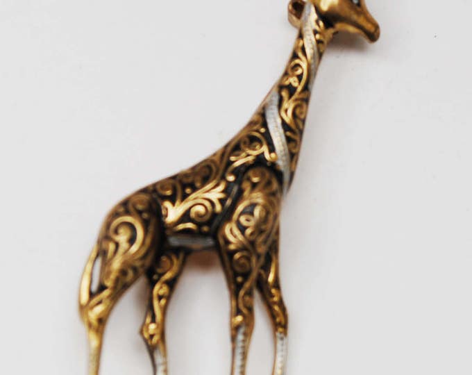 Damascene Giraffe Brooch - Signed Spain - Black Silver Gold - Enameling - Wild Animal Figurine Pin