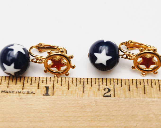 Red white Blue star dangle earrings - Patriotic - enamel gold - Drop - clip on earrings