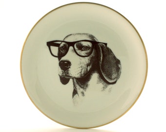 Altered Vintage Plate Beagle Dog Porcelain Glasses Nerd 7.67" Anthropomorphic Surrealism Gold Rim Geekery Present Whimsical Graduation Gift