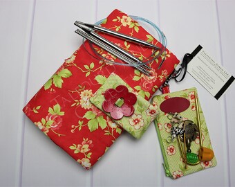 Interchangeable Knitting Needle Case - Needle Holder - Tip Organizer - Knitting Supply - Moda Fabrics - Red Green Floral - Gift for Knitters