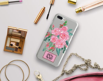 Pretty iPhone case with clear back, Pink floral design, Your initials personalized, Phone cover for women, Pink and green fashion (1774)