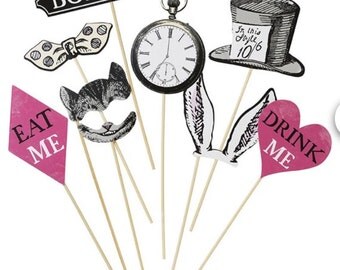 Alice in wonderland photo booth props, Alice in wonderland decorations, mad hatters tea party, eat me drink me props, Cheshire Cat, white
