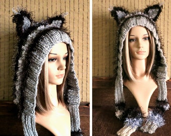 Cheshire Cat Hood, Womens Girls Chunky Wool Hat Fairy Tale Black Grey Fluffy Warm Winter Adults Hat With Braid And Ears And Wrap Scarf Tails