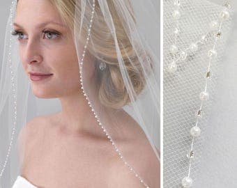 Pearl Bridal Veil, Beaded Wedding Veil, 1 Layer Veil, Ivory Veil, White Veil, Fingertip Veil, Elbow Veil, Veil for Bride, Comb Veil ~VB-5046