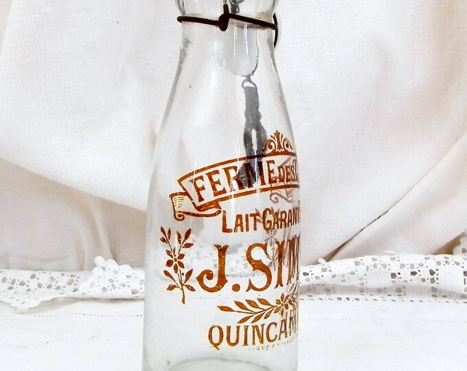 Rare Antique French Glass and Porcelain Milk Bottle "Ferme des Clos J. Simon Quincampoix", Farmhouse, Country Decor, Kitchen, Collectible,