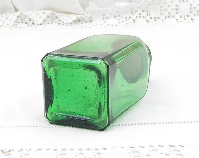 Small Square Antique French Green Apothecary Glass Bottle with a Cork Stopper, Country Decor, Chemist, Pharmacy, Brocante, Vintage Style
