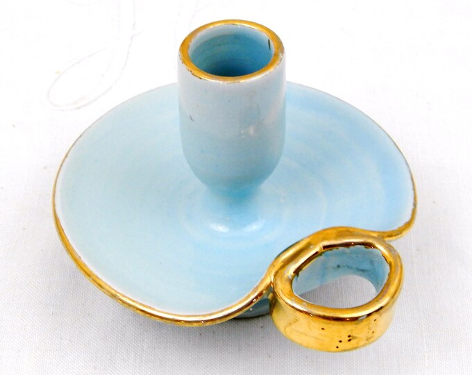 Vintage Mid Century Pale Blue and Gold Glazed Ceramic Porcelain Candle Holder / Candle Stick Retro Mid Century Modern Home Interior Lighting