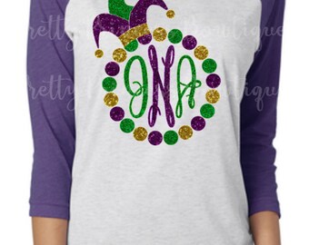 Mardi Gras Shirt | Mardi Gras T-Shirt | Monogram Shirt | Glitter Monogram | Glitter Mardi Gras | Womens Mardi Gras | Jester Hat | Raglan Tee