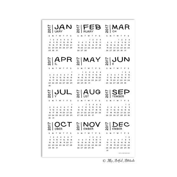 2017 Wall Calendar, Simple Black and White Office Accessories, Contemporary Yearly Calendar, Basic Calendar Poster Print Il_570xn