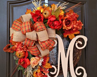 Fall Wreath,Front Door Wreath,Grapevine Wreath,Wreath for Door,Monogram Wreath,Hydrangea Wreath,Fall wreath for Front Door, Orange Wreath
