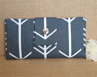 Womens Wallet, Fabric Wallet, Women's Bifold Wallet, Arrow Print In Gunmetal
