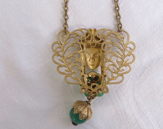 Vintage Buddha Necklace, Filigree with Peking Glass Beads, Bib Style, Spiritual Jewelry, 24 Inch Chain