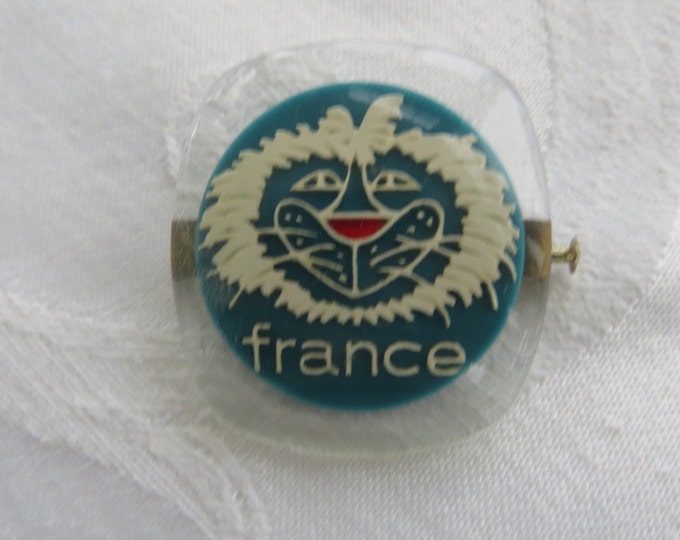 Lucite France Brooch, Vintage French Souvenir Pin, Smiling Lion Face, French Jewelry