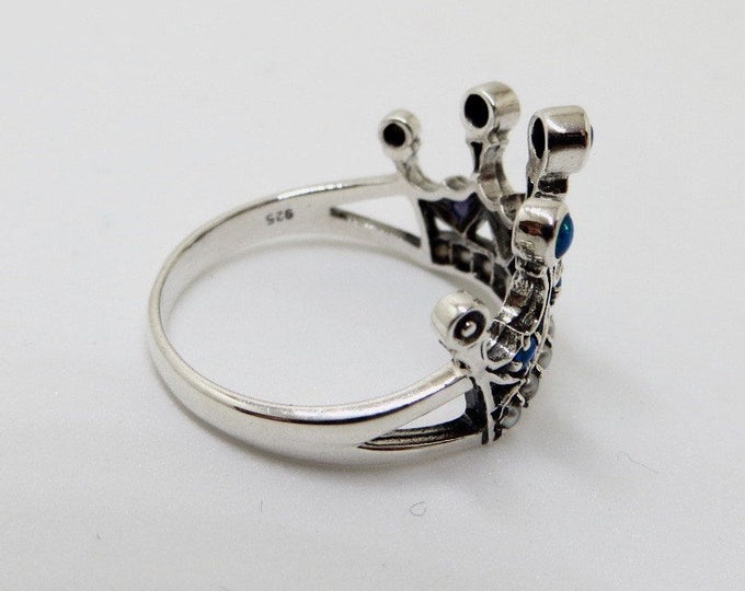 Sterling Filigree Crown Ring, Blue Fire Opal Seed Pearl Stones, Size 6 Ring, Vintage Crown Ring